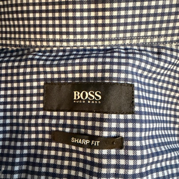 NWOT  HugoBOSS Sharp Fit 15 1/2” Gingham Blue on Blue Print Button Up Long Sleev - Picture 2 of 3